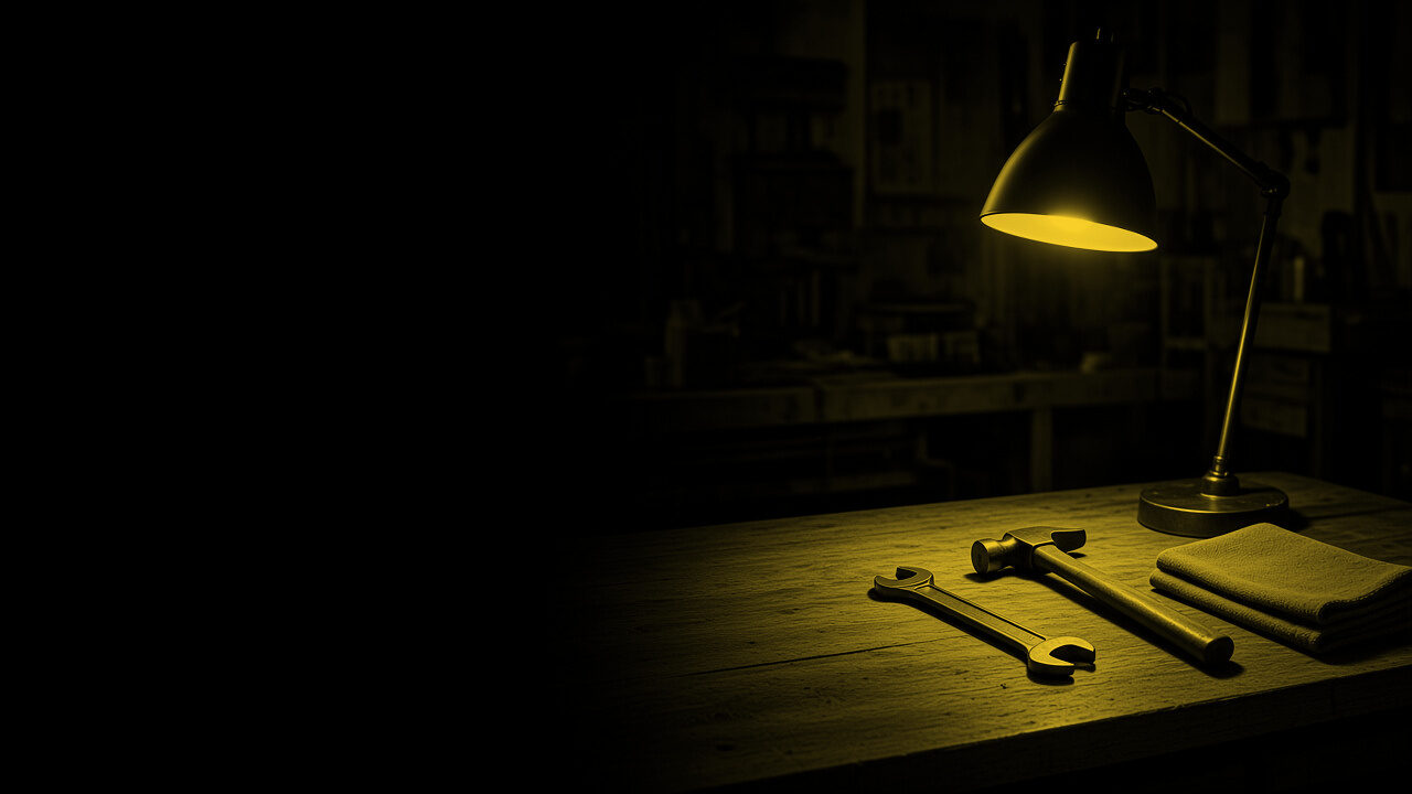 A gold work lamp over a bench with a few ordinary tools.